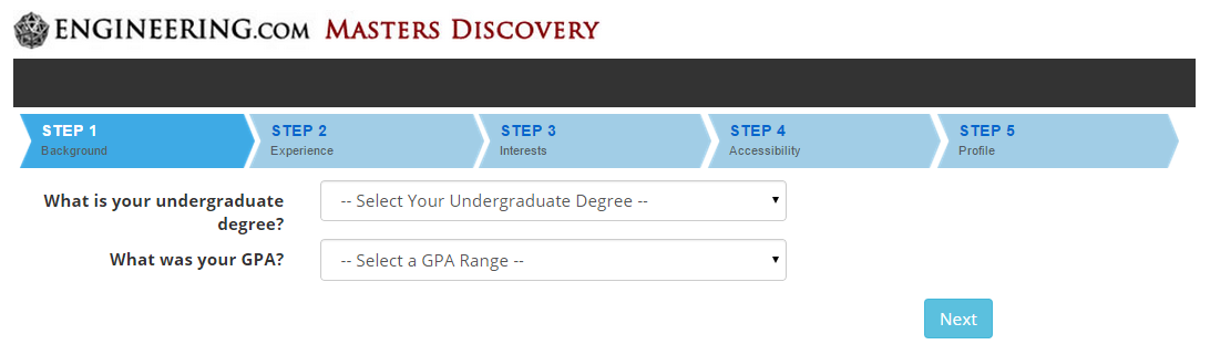 Screenshot of what ENGINEERING.com's Masters Degree Discovery Tool looks like Screenshot of what ENGINEERING.com's Masters Degree Discovery Tool looks like