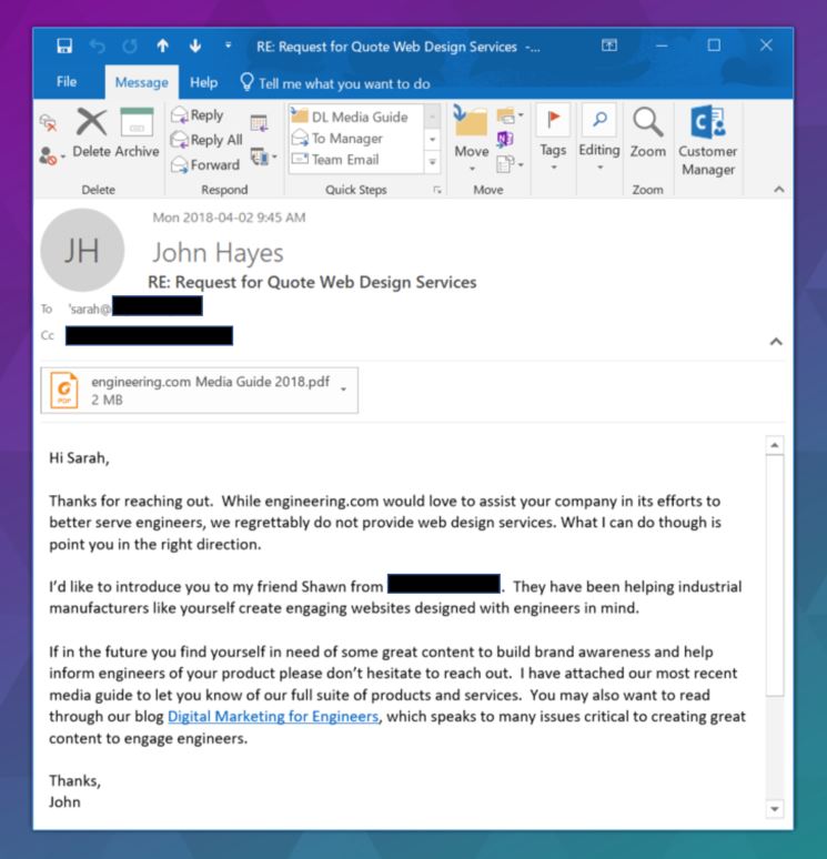 An email for a prospect that isn't a fit